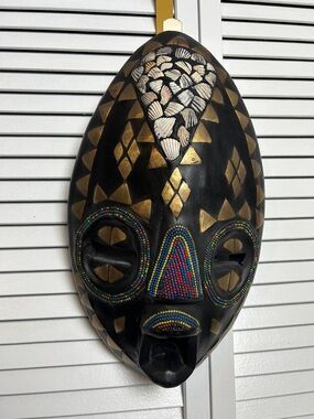 Ceremonial African Tribal Wall Mask with Beaded Accents - Black & Gold